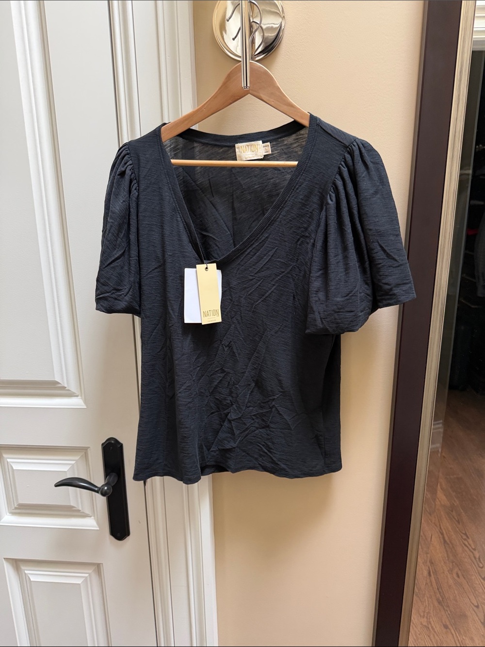 Nation Ltd. Black Puff Sleeve V-Neck Top